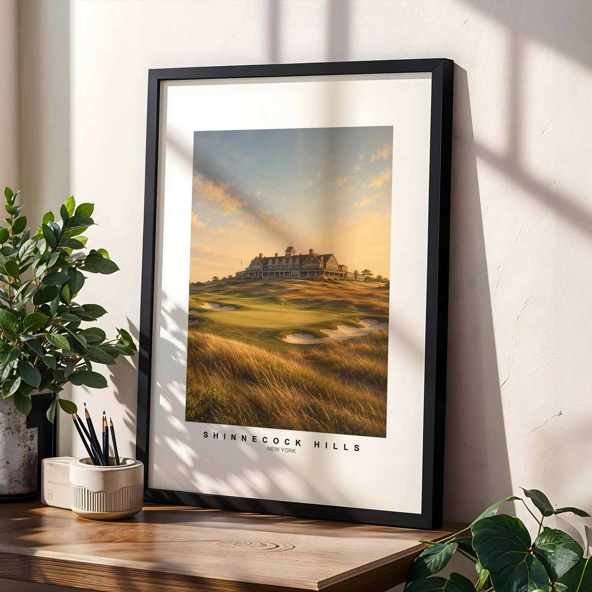 Shinnecock Hills as Wall Art: Horizon, Dune Grasses and Seaside Light framed golf poster shown as printable wall art