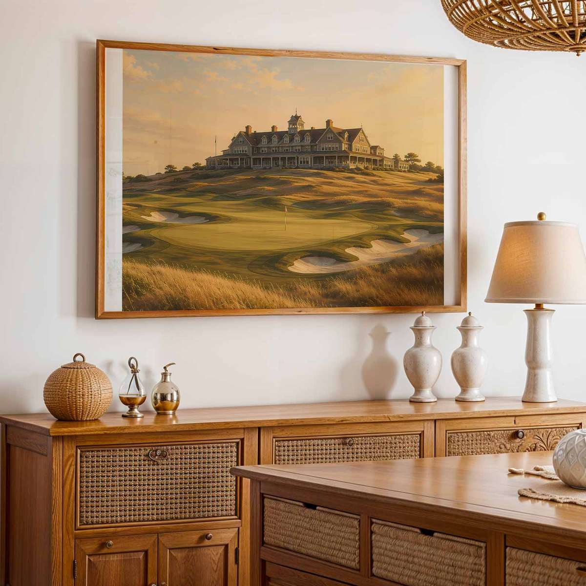 Shinnecock Hills as Wall Art: Horizon, Dune Grasses and Seaside Light product mockup showing the poster in a refined interior setting