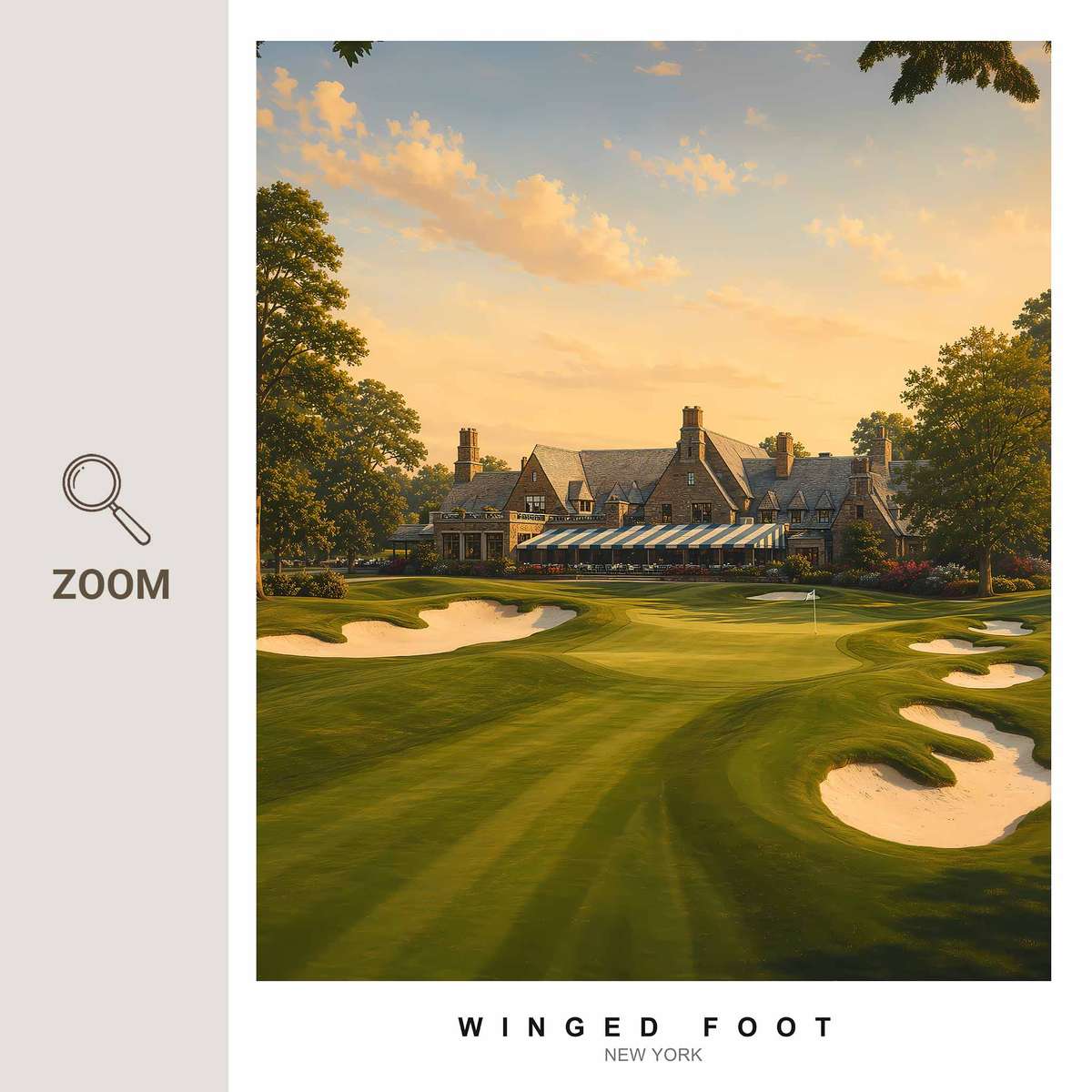 Tree-lined fairway with precise linear perspective creating contained tension around a lone golfer