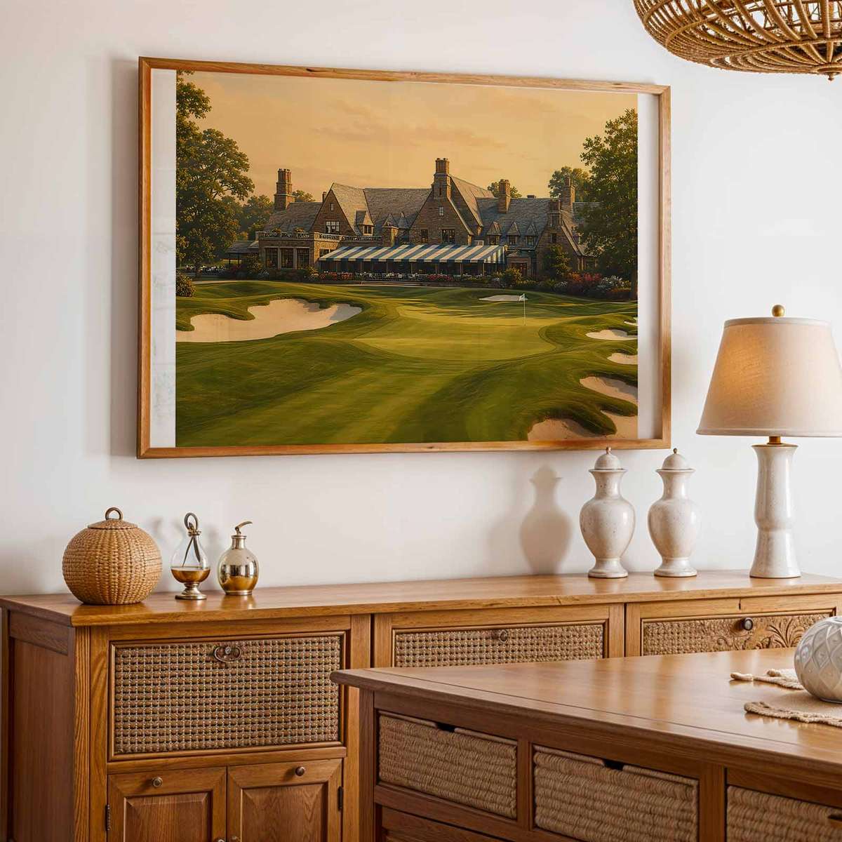 Structured composition of golfer, geometry, and foliage conveying refined visual tension