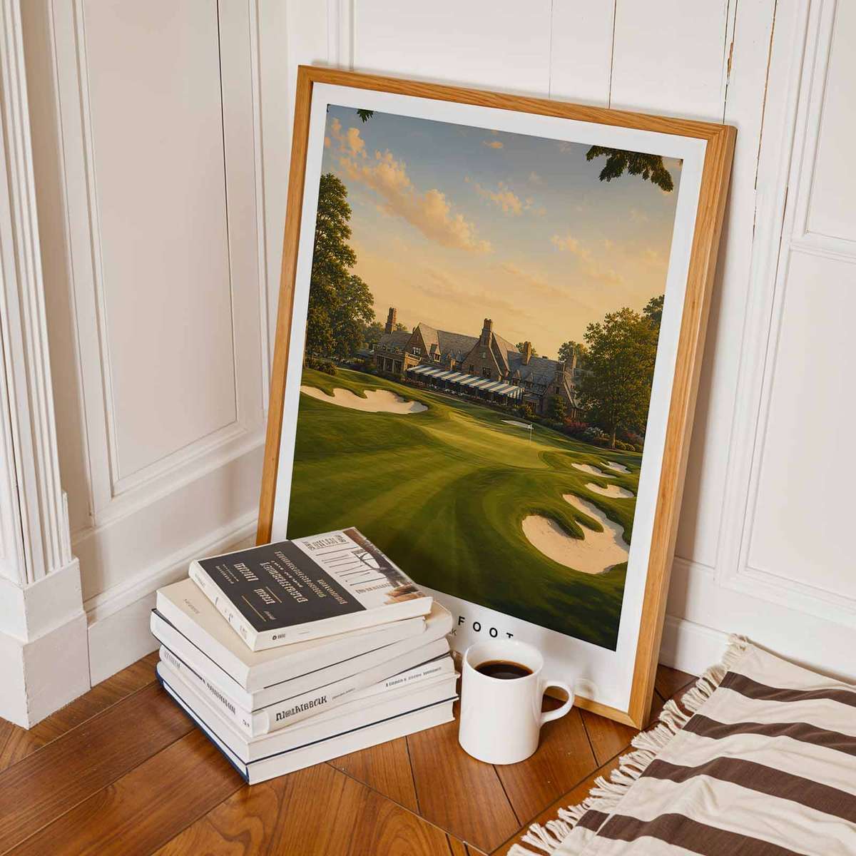 High-contrast poster of golfer against disciplined tree patterns and bold linear forms