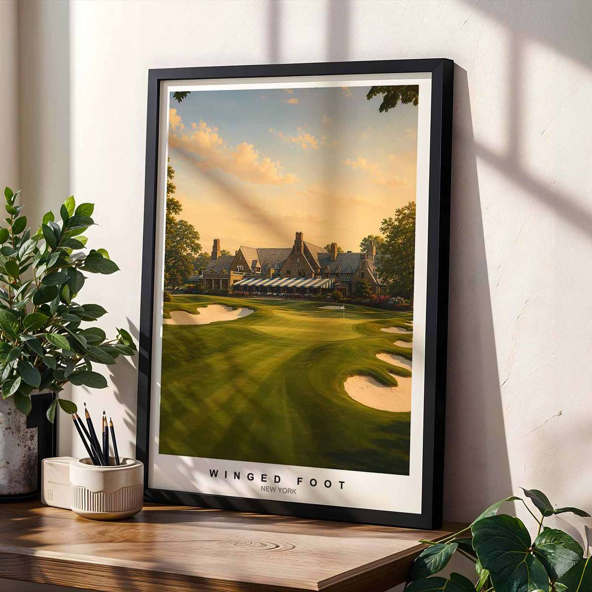 Minimalist golfer figure balanced by dense arboreal texture and rigorous lines for a sophisticated look