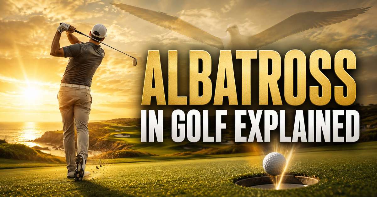 Golfer celebrating on the green after scoring an albatross, holding club with crowd in background