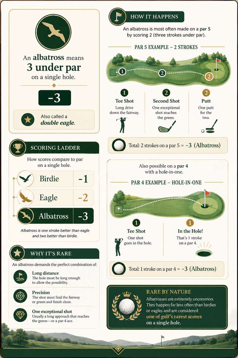 Aerial view of a par-5 hole layout showing distance markers and ideal landing areas for an albatross
