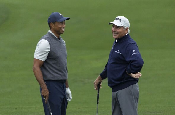 Split-frame showing Tiger Woods early in his career and later as a dominant, global figure