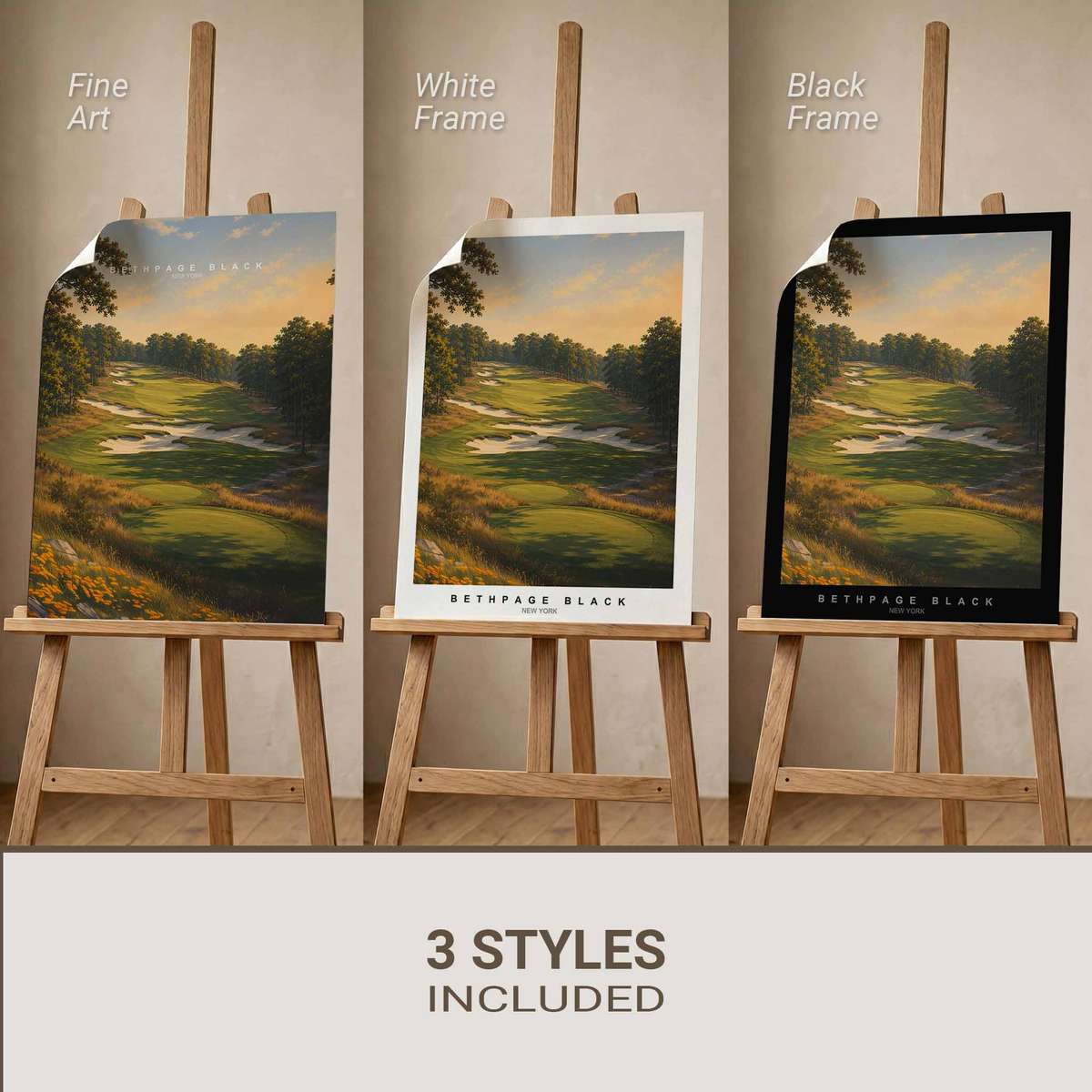 Golfer silhouette against a dramatic Bethpage Black fairway emphasizing scale and raw power