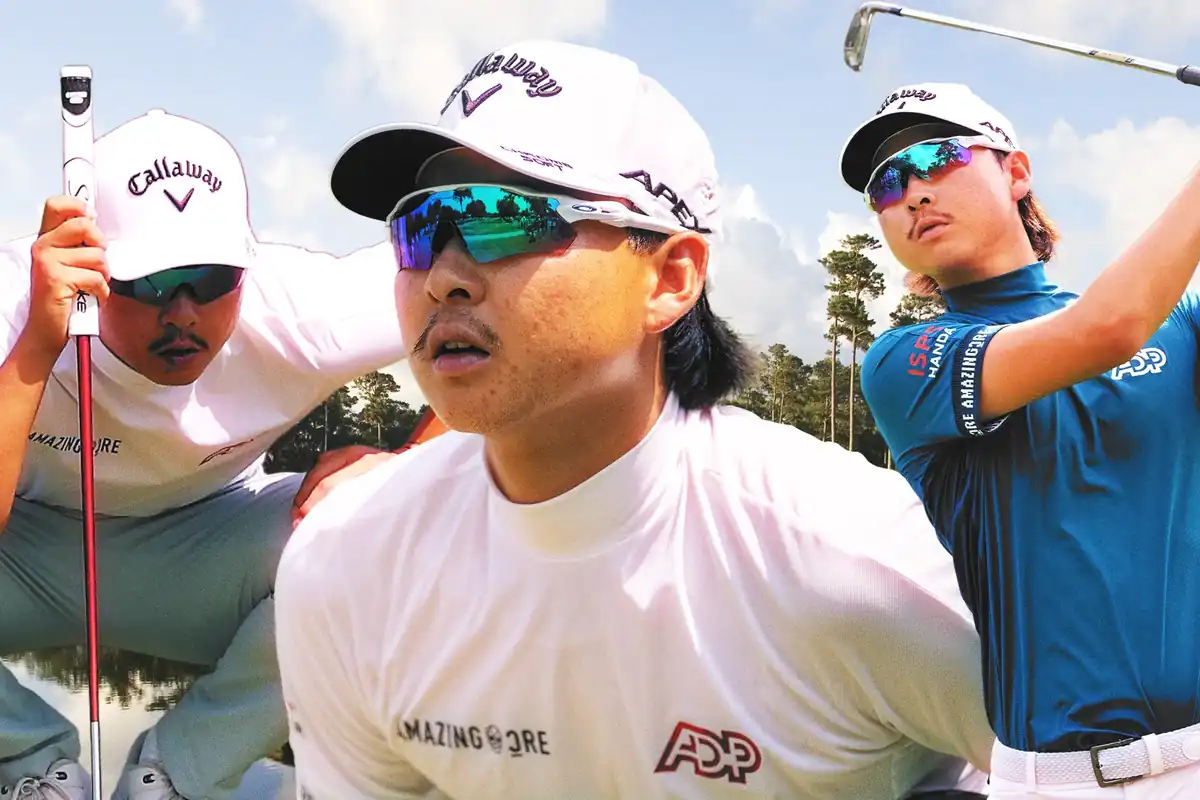 Professional golfer wearing a classic visor and vintage-inspired outfit walking along the fairway