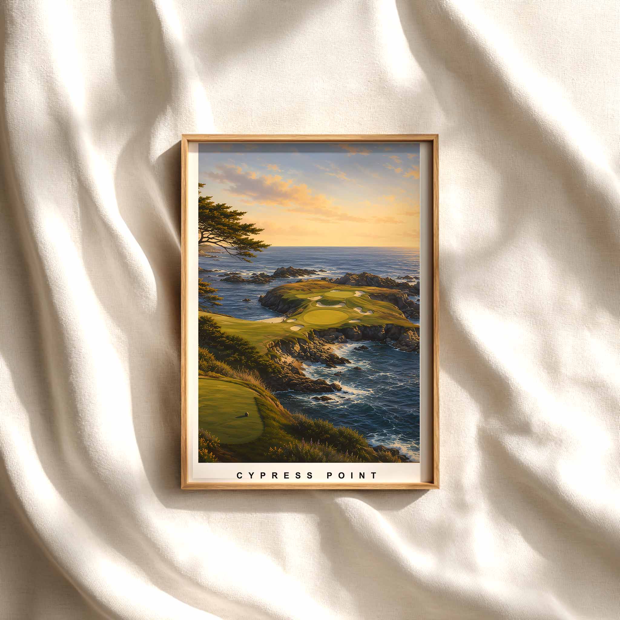 Cliffside fairway overlooking the sea with soft morning light and textured rock faces