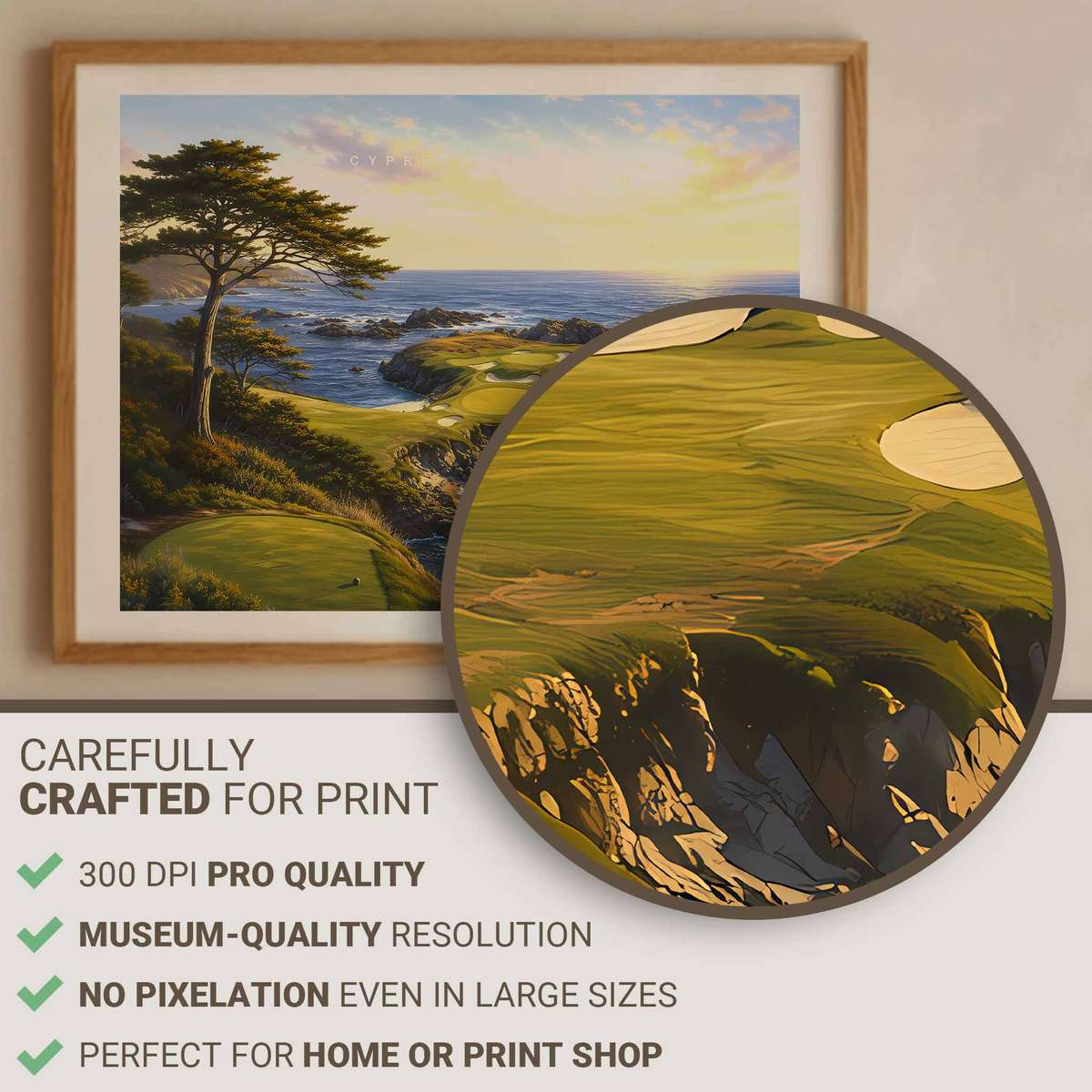 Poster detail showing customised golf balls set against Royal St George’s undulating dunes, capturing natural movement…