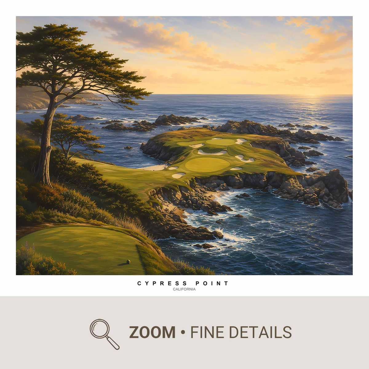 Golfer mid-swing on a cliffside green at Cypress Point with rugged coastline and cypress backdrop