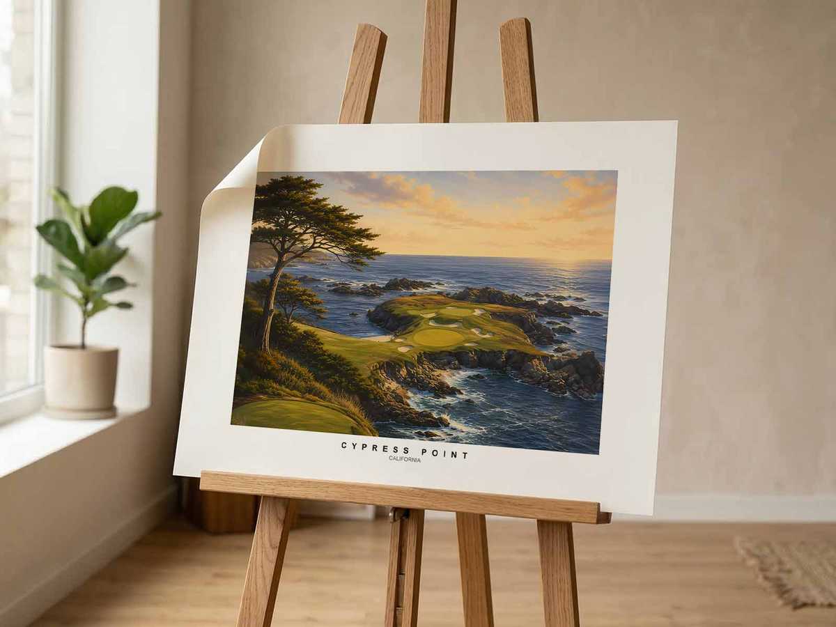 Golfer positioned between two tall cypress trees with the sea and cliffs beyond, creating a natural frame