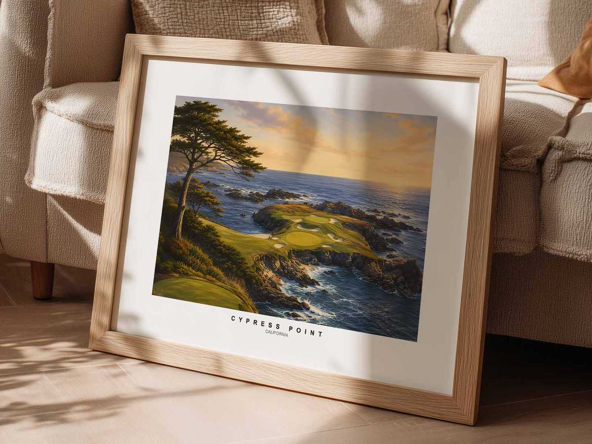 Minimalist composition of a golfer small against the vast Cypress Point landscape of dunes, trees and ocean