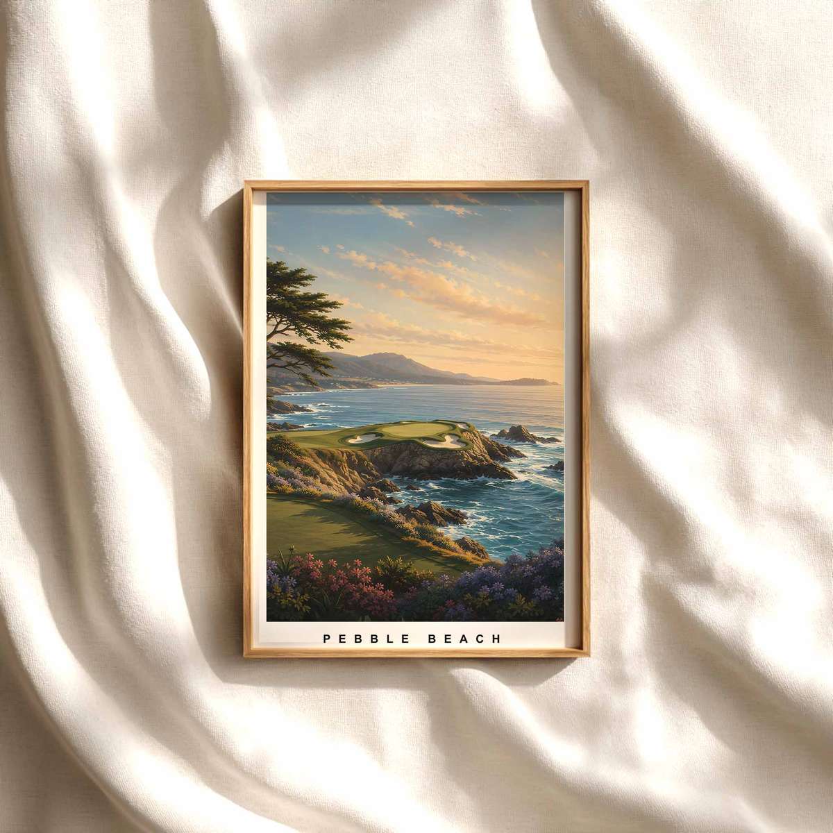 Pebble Beach Cliffs at Sunset Poster golf poster displayed as framed wall art in a refined interior