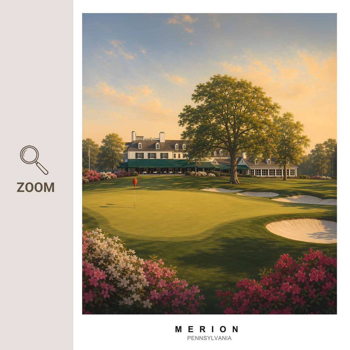 Close-up view of Merion East green with a wicker ball basket and soft, warm tones suggesting a quiet, lived-in office…