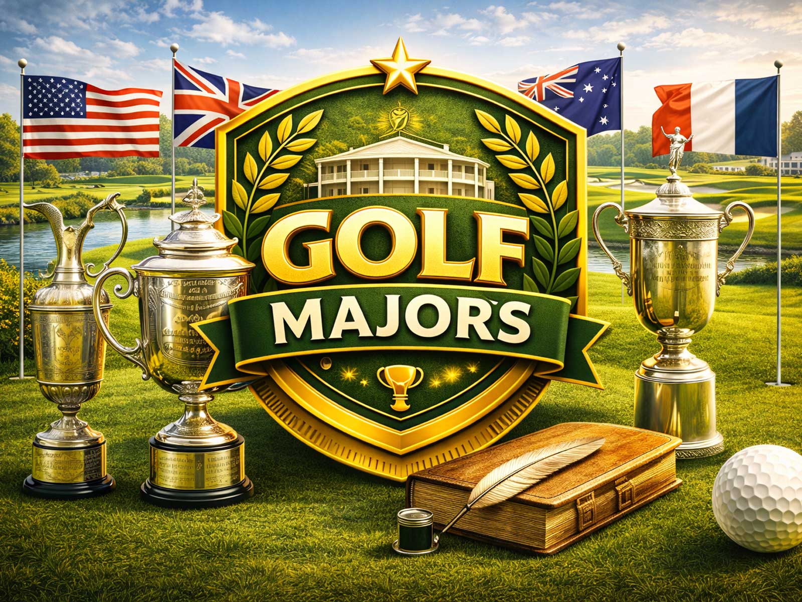 Close-up of a major championship trophy resting on a manicured green with flags in background