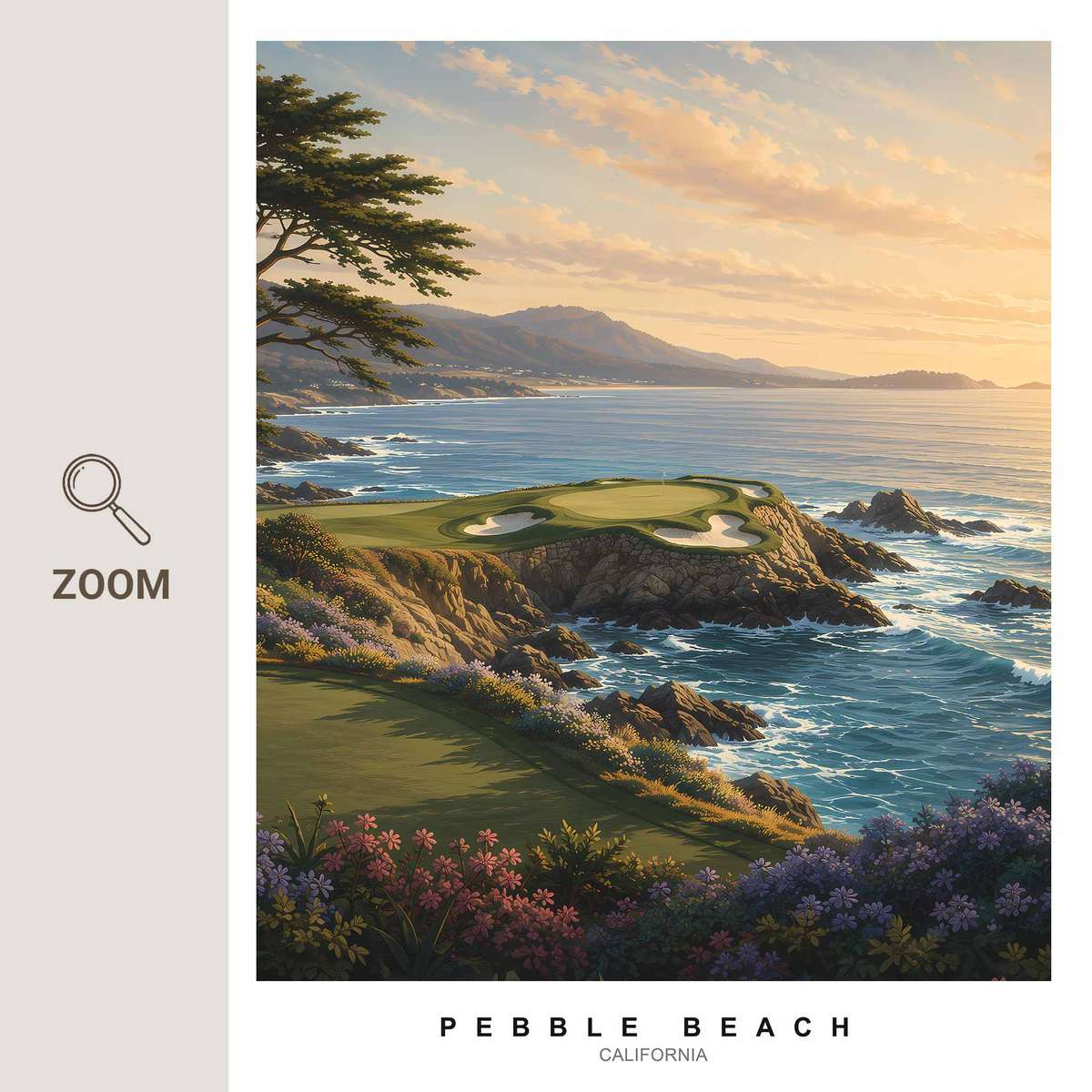 A green perched on a cliff edge overlooking the ocean, showing the suspended, intimate scale of Pebble Beach greens