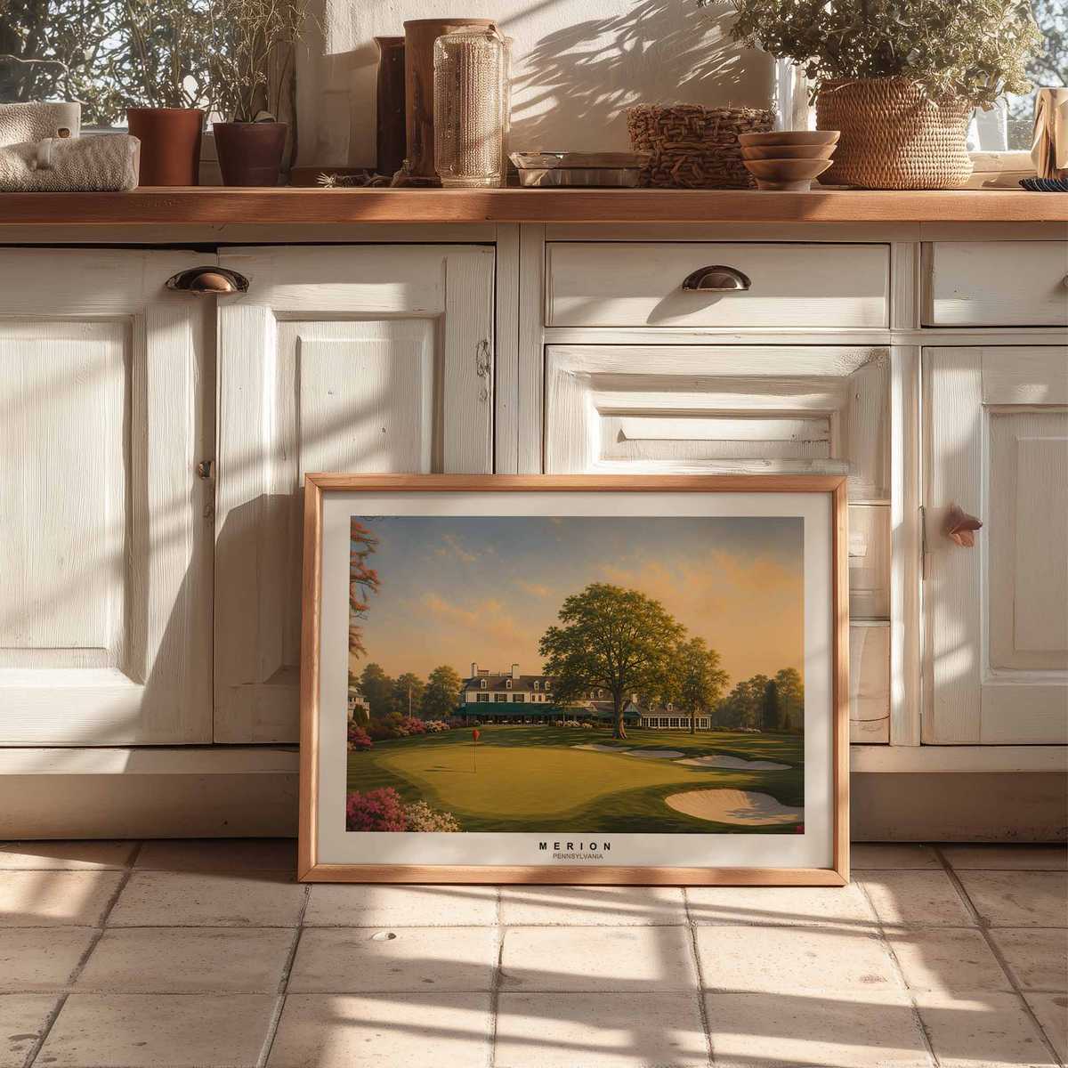 Merion East scene emphasizing historic architecture and course character with muted, antique palette