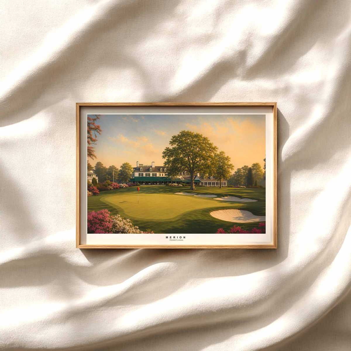 Intimate view of Merion East with a golfer carrying wicker baskets near the green, vintage tones and soft edges