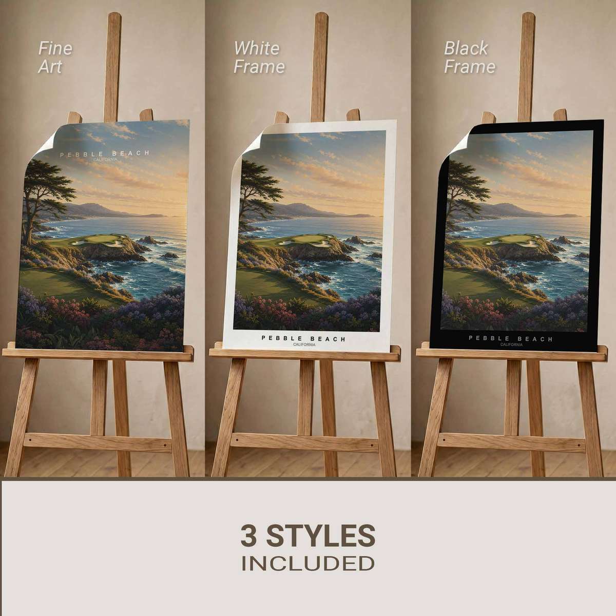 Sunlit Pacific cliffs at Pebble Beach with warm marine light casting long shadows over rugged rock faces