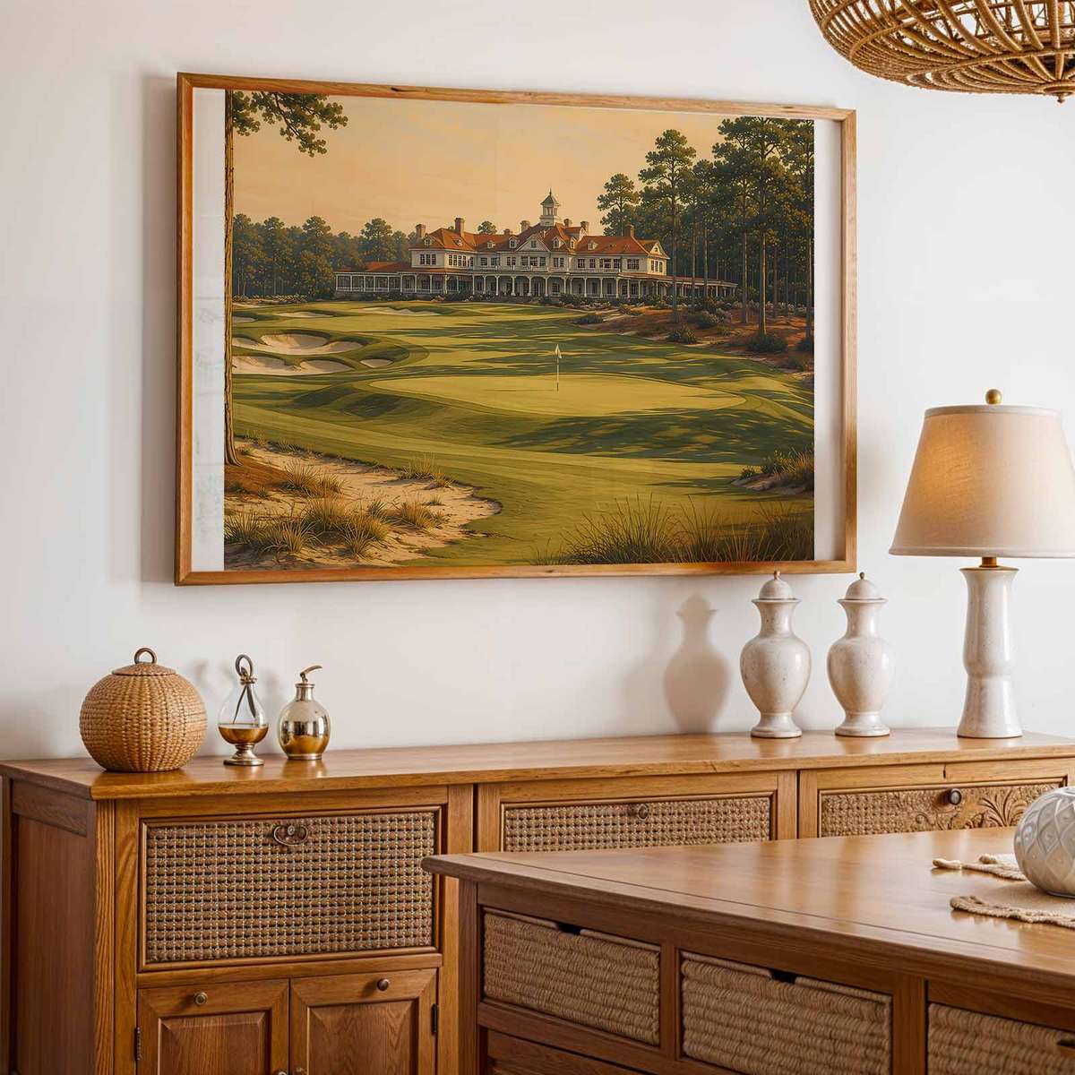Long view down a fairway with sparse pines and stark geometric lines formed by sand and turf