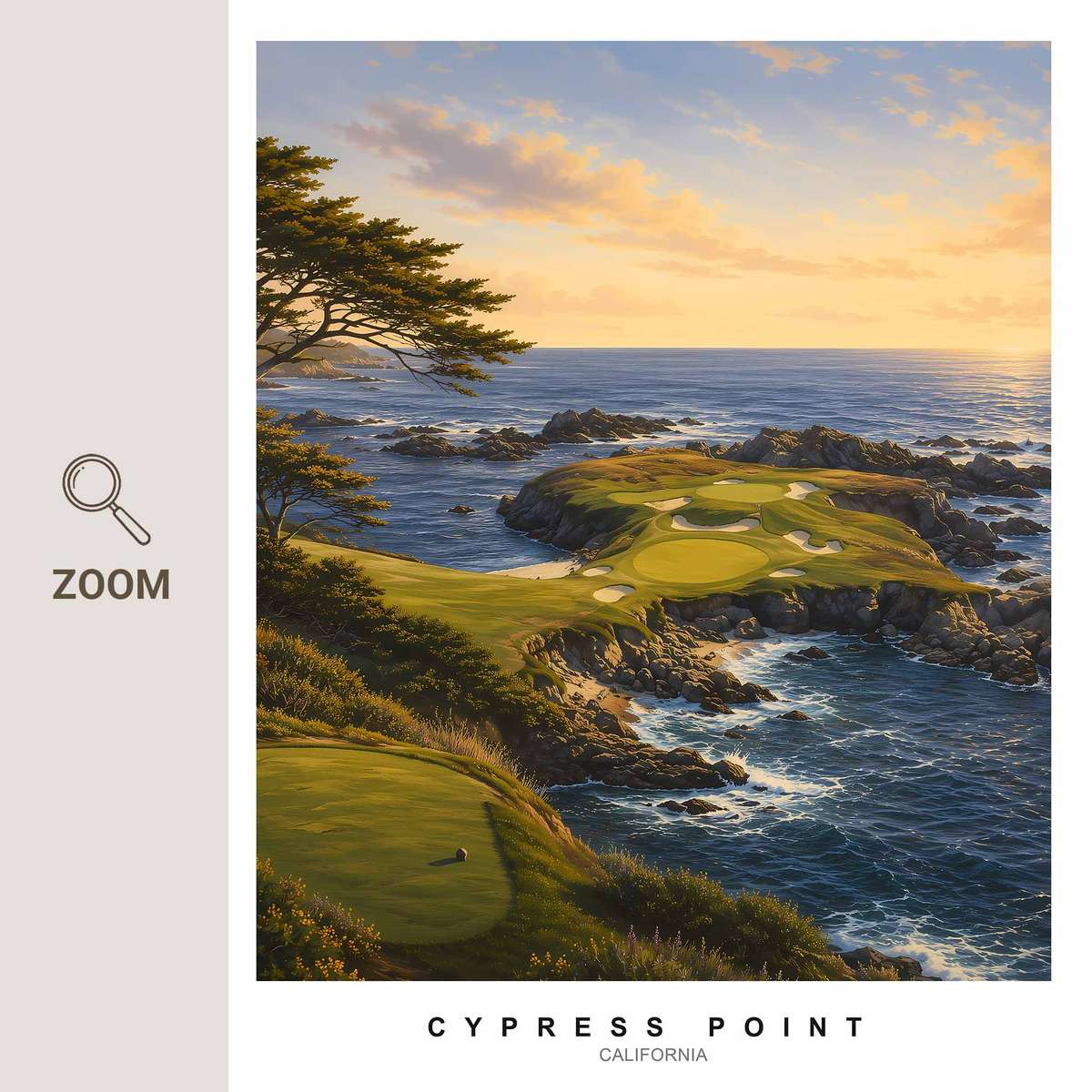 Tall pine trees framing a golfer on a green, creating vertical rhythm and elegant composition