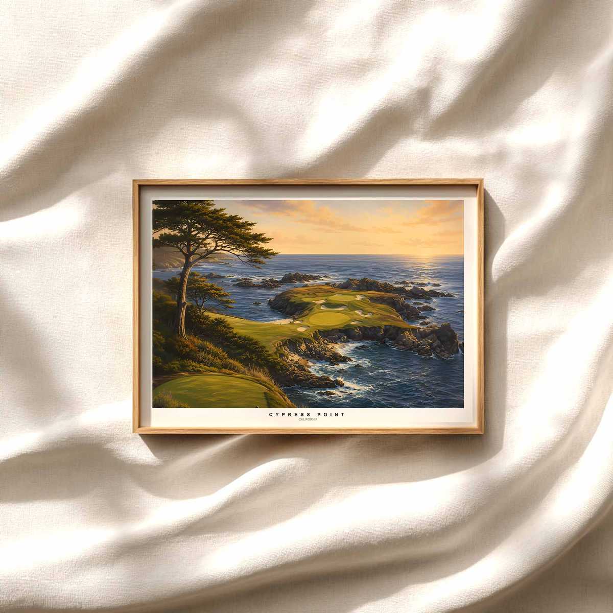 Golfer Silhouette on Cypress Point Dunes golf poster displayed as framed wall art in a refined interior