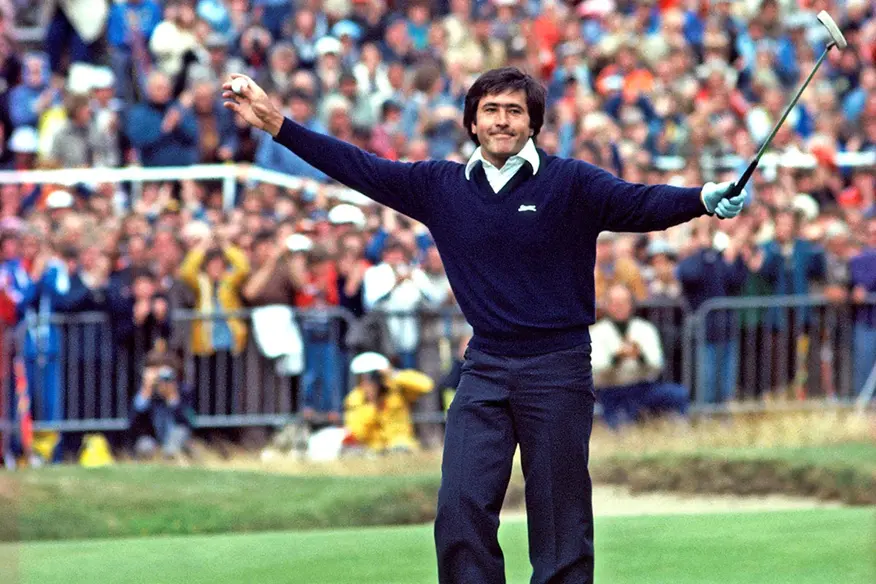 Seve Ballesteros lining up an iconic recovery shot at a coastal Spanish course, mid-tournament