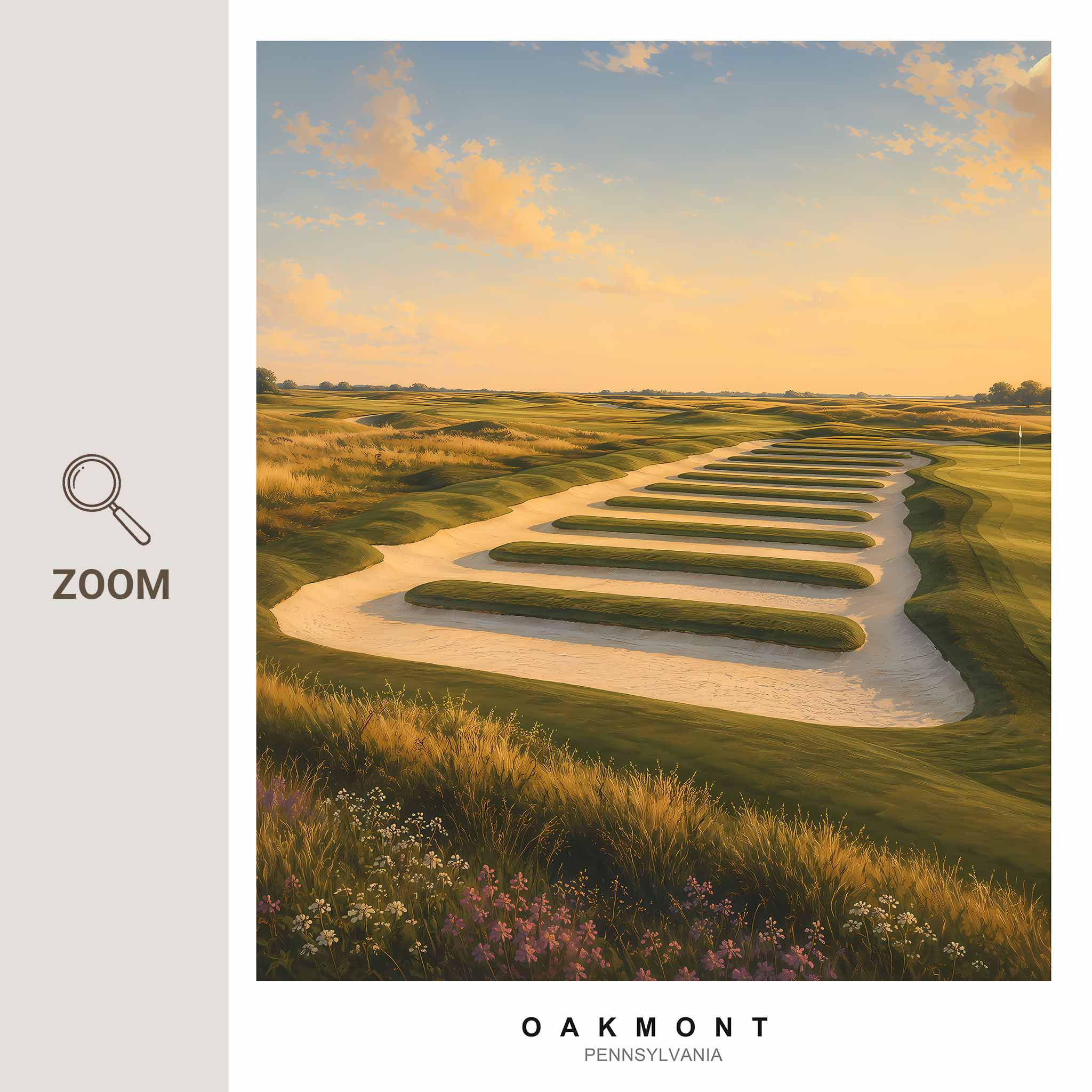 Long Oakmont fairway flanked by disciplined tree rows conveying composed calm and focus