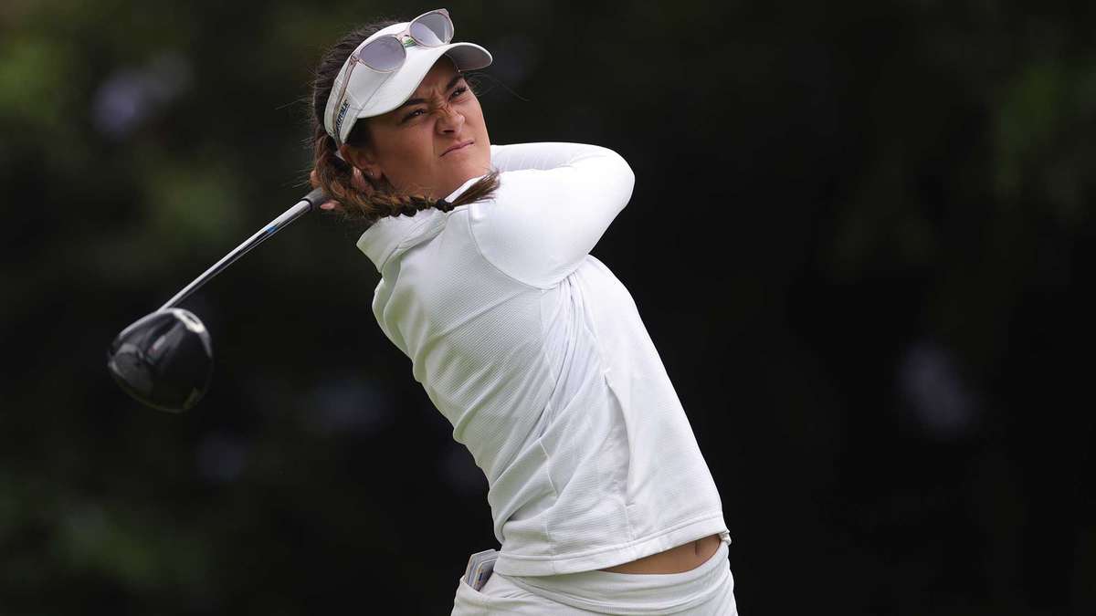 Wide shot of a championship golf hole showing narrow fairway, deep rough and contoured greens used in U.S. Women’s Open…